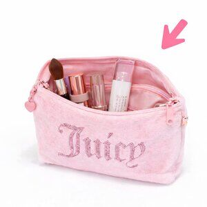 Juicy Couture Pink Velour Rhinestone Logo Cosmetic Makeup Pouch Y2K